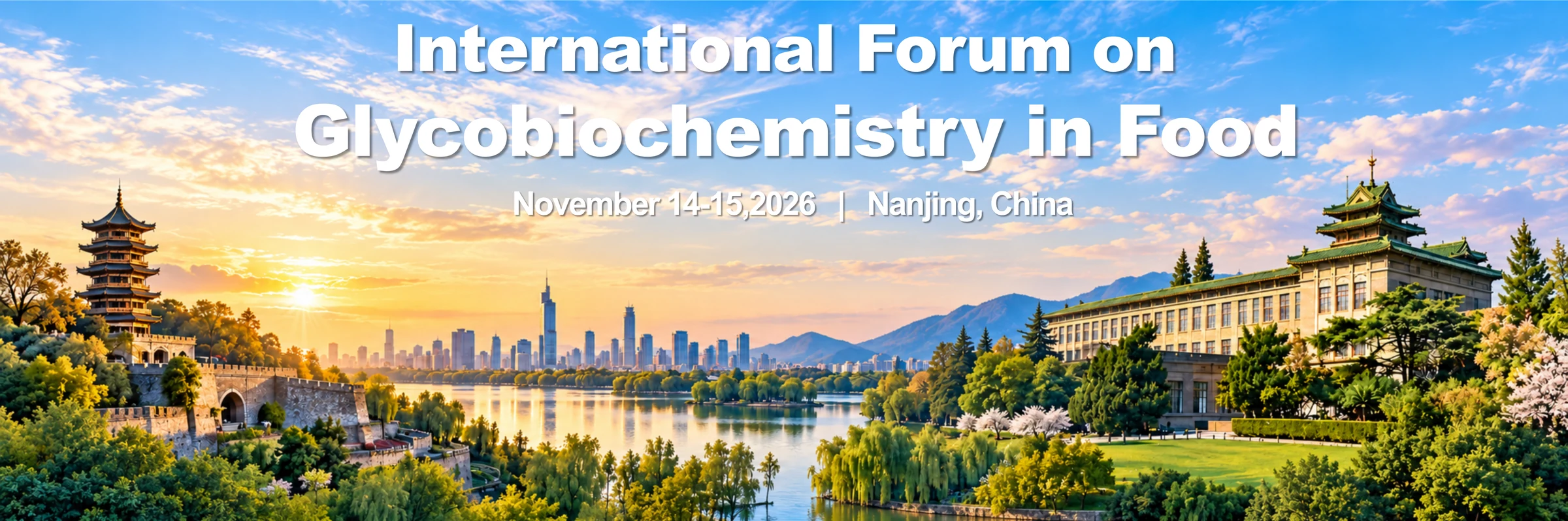 Nanjing skyline and university architecture at sunrise with the symposium title, dates and location